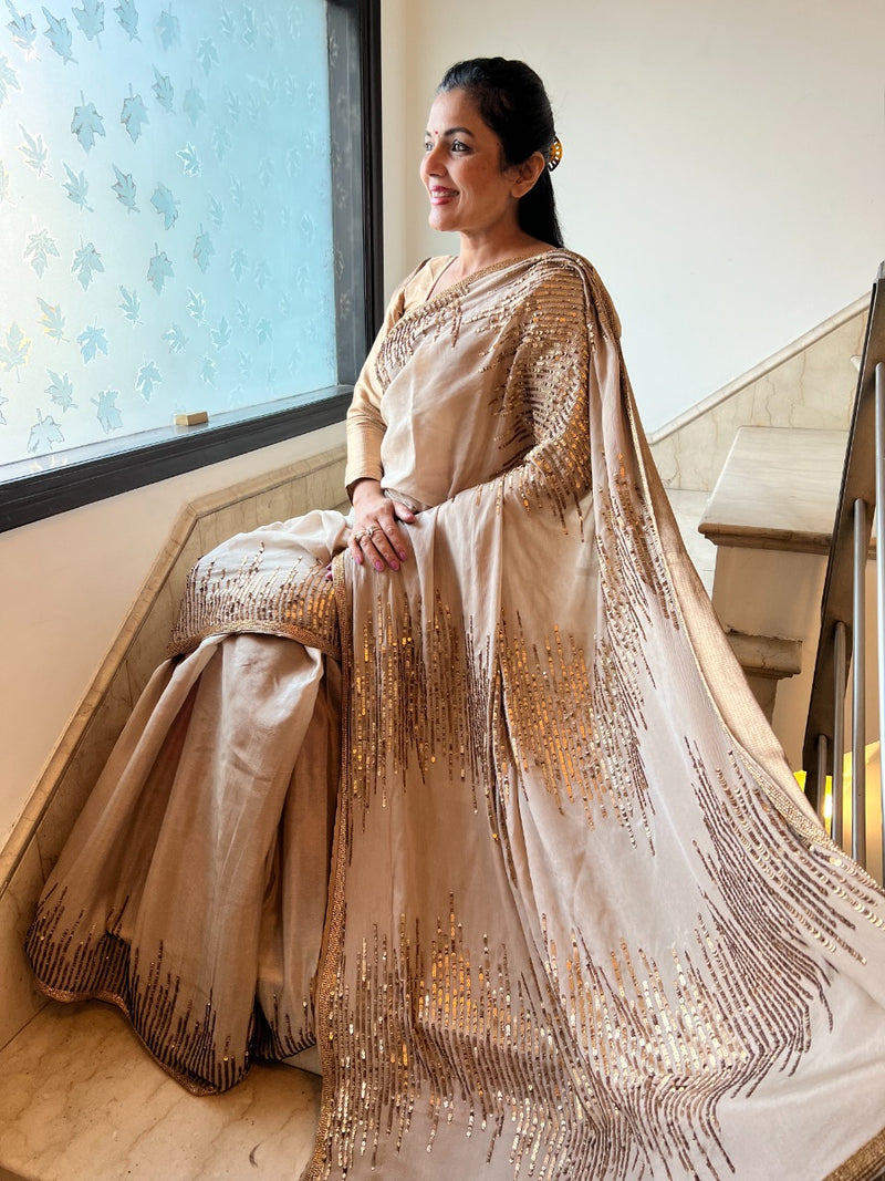 Pure French chiffon, hand embroidered saree with sequins and cut dana