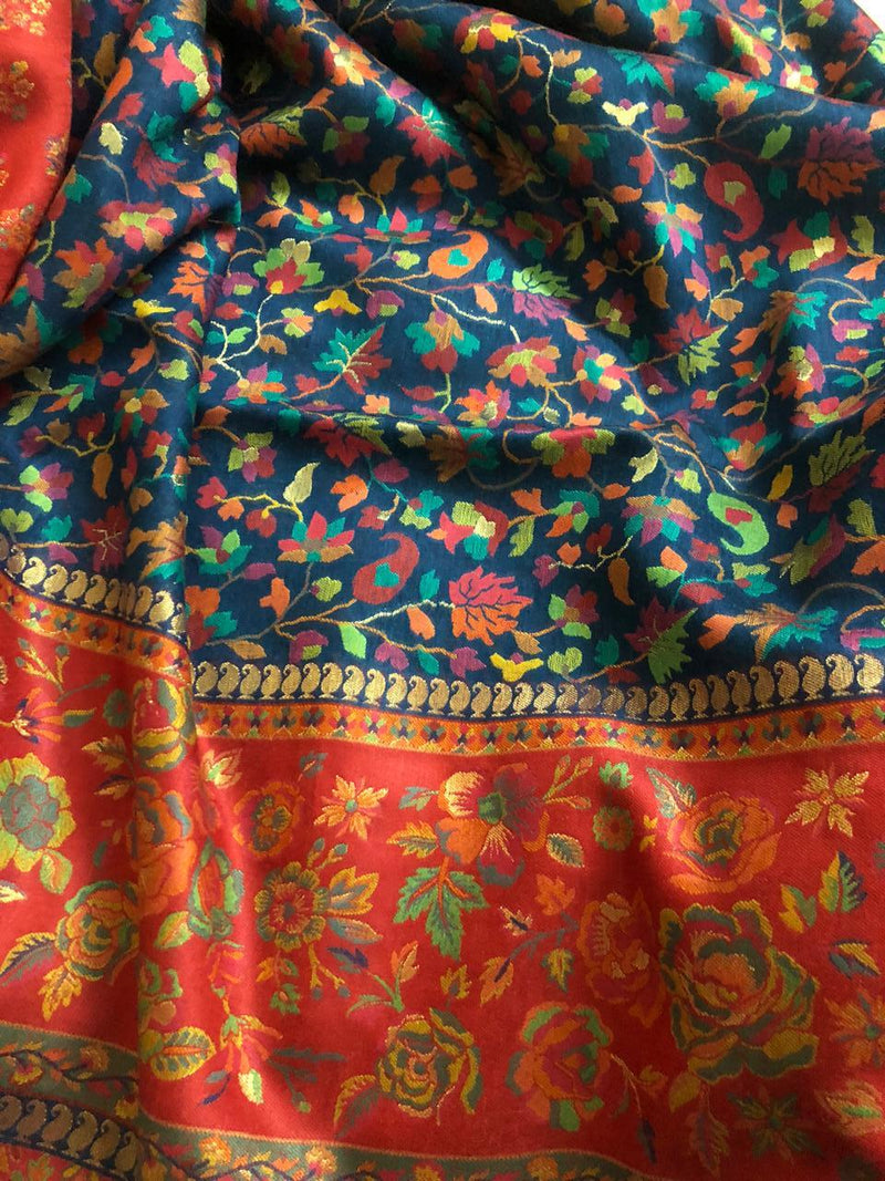 Royal Blue Kani Saree with Broad Red border - Kashmir Collection - Sohum Sutras