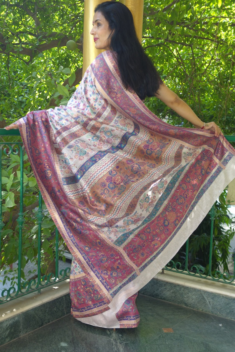 Mauve Kani saree- Chinar (maple leaf) body with floral border - Kashmir Collection - Sohum Sutras