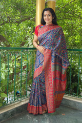 Royal Blue Kani Saree with narrow border- body flowers, paisley and maple leaf - Kashmir Collection - Sohum Sutras