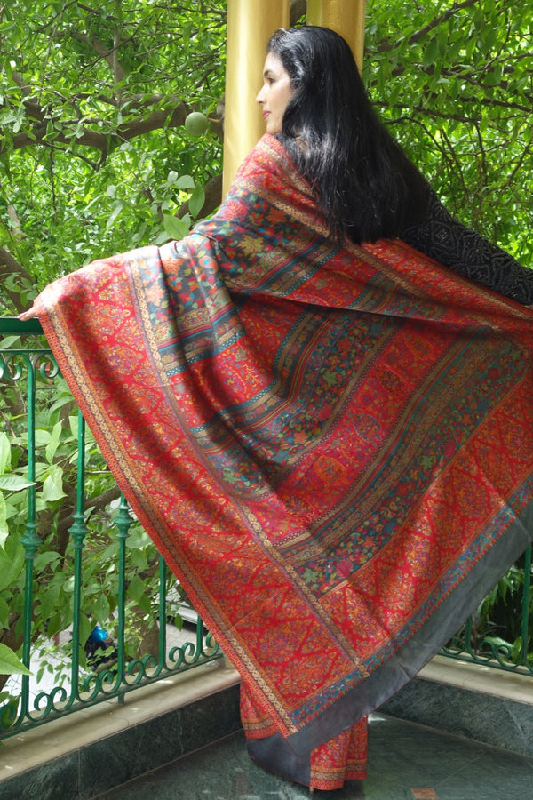 Charcoal Kani Saree with Chinar (Maple Leaves) - Kashmir Collection - Sohum Sutras