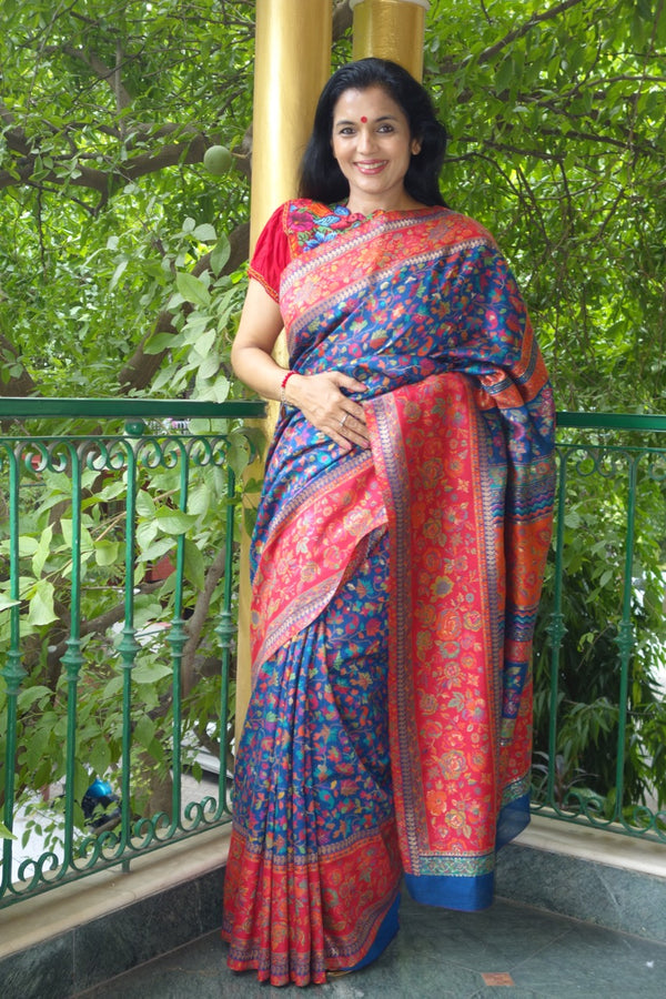 Royal Blue Kani Saree with Broad Red border - Kashmir Collection - Sohum Sutras