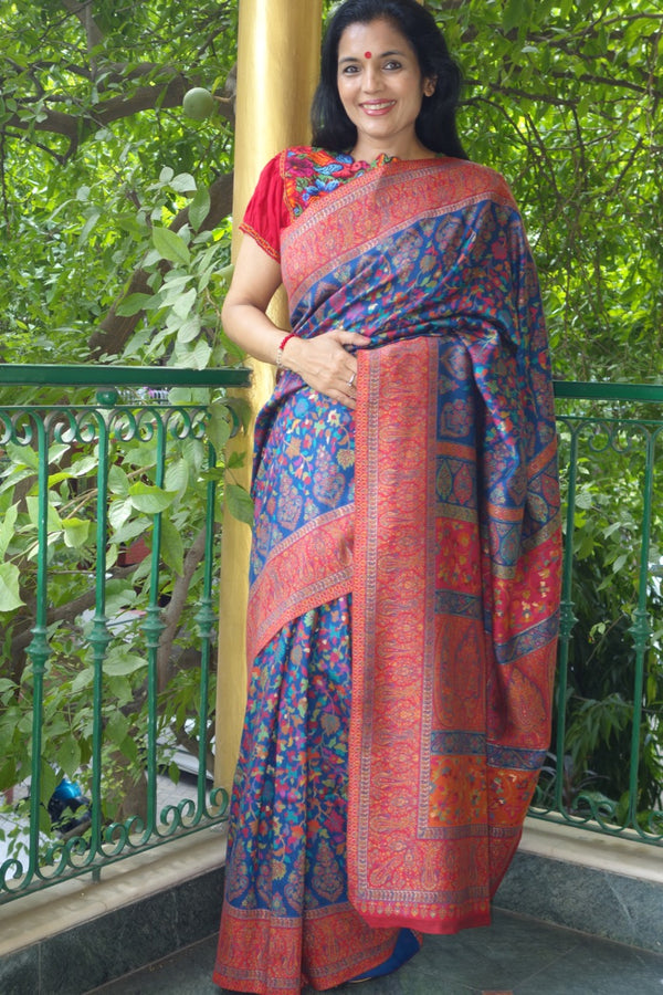 Royal Blue Kani Saree with thin Red Border- Body of maple leaves and flowers - Kashmir Collection - Sohum Sutras