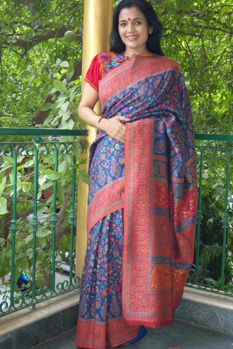 Royal Blue Kani Saree with thin Red Border- Body of maple leaves and flowers - Kashmir Collection - Sohum Sutras