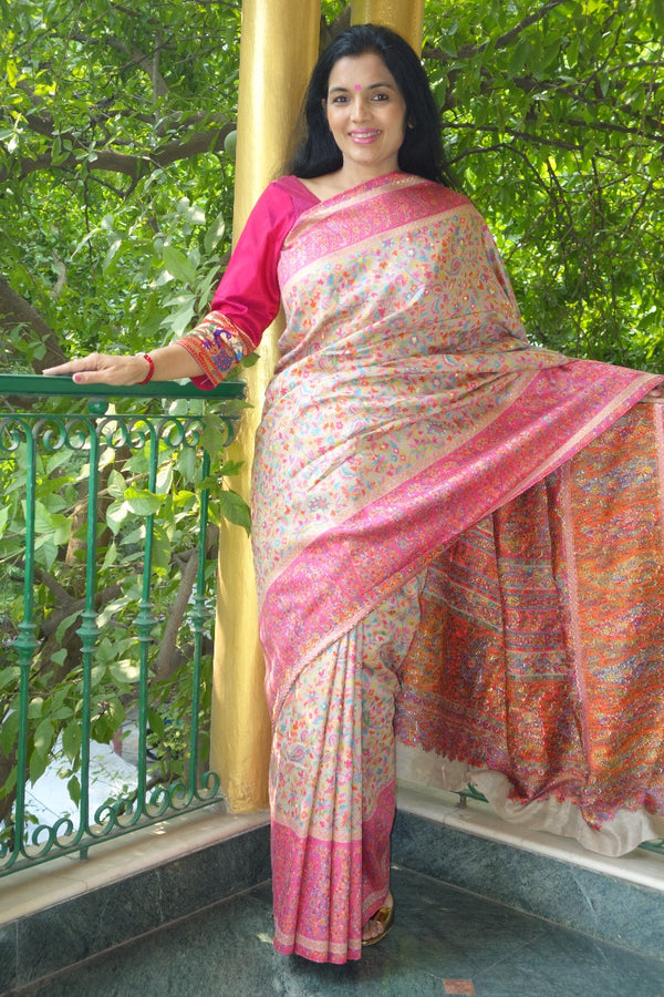 Beige and Pink Kani saree - Kashmir Collection - sohum sutras