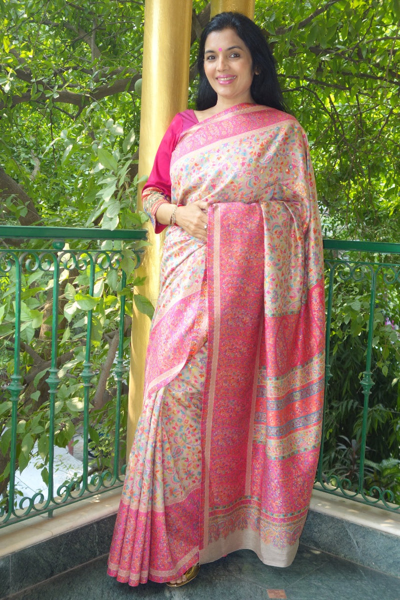 Beige and Pink Kani saree - Kashmir Collection - sohum sutras