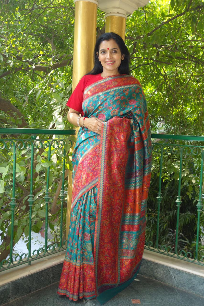Teal and Red Kani Saree - Kashmir Collection - sohum sutras