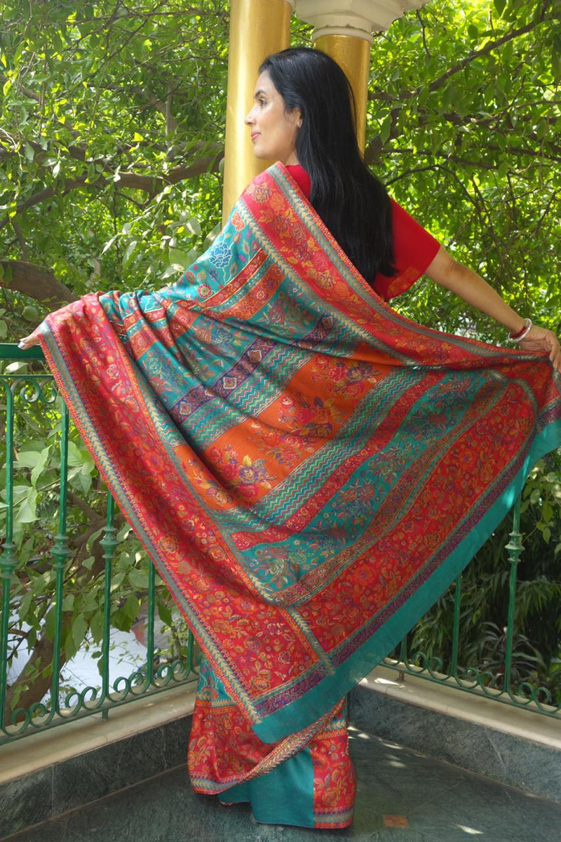 Teal and Red Kani Saree - Kashmir Collection - sohum sutras