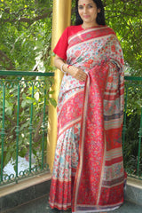 Silver Grey And Red Floral Kani Saree - Kashmir Collection - sohum sutras