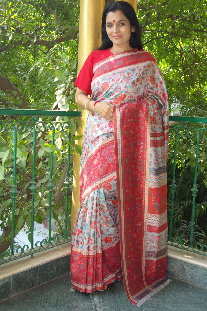 Silver Grey And Red Floral Kani Saree - Kashmir Collection - sohum sutras