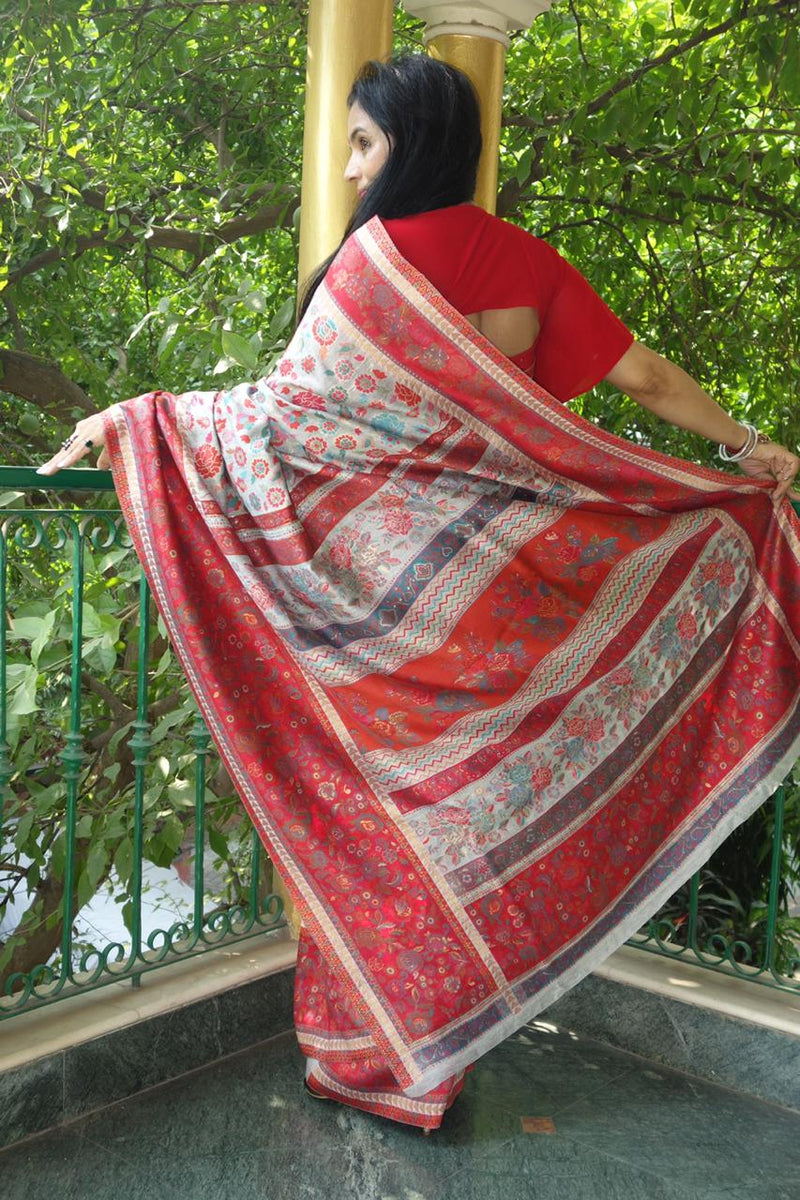 Silver Grey And Red Floral Kani Saree - Kashmir Collection - sohum sutras