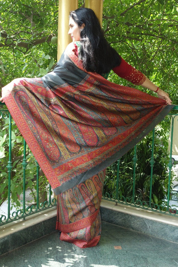 Charcoal Grey Kani Saree - Kashmir Collection - sohum sutras