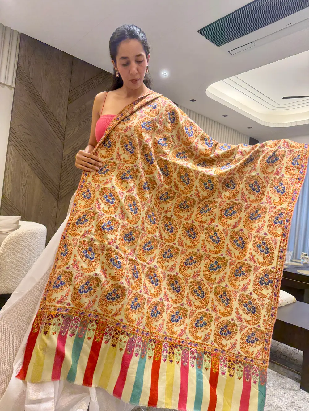Handwoven Kani Shawl with Sozni Needlework — Kani, Pashmina, Kashmir