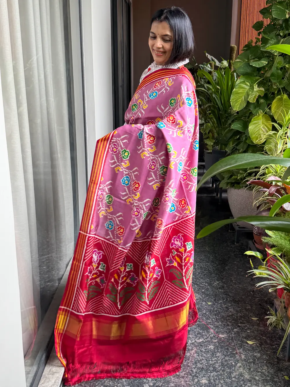 Double Ikat Patan Patola Silk Saree in Rose Pink — Patan Patola, Pure Silk, Patan, Gujarat