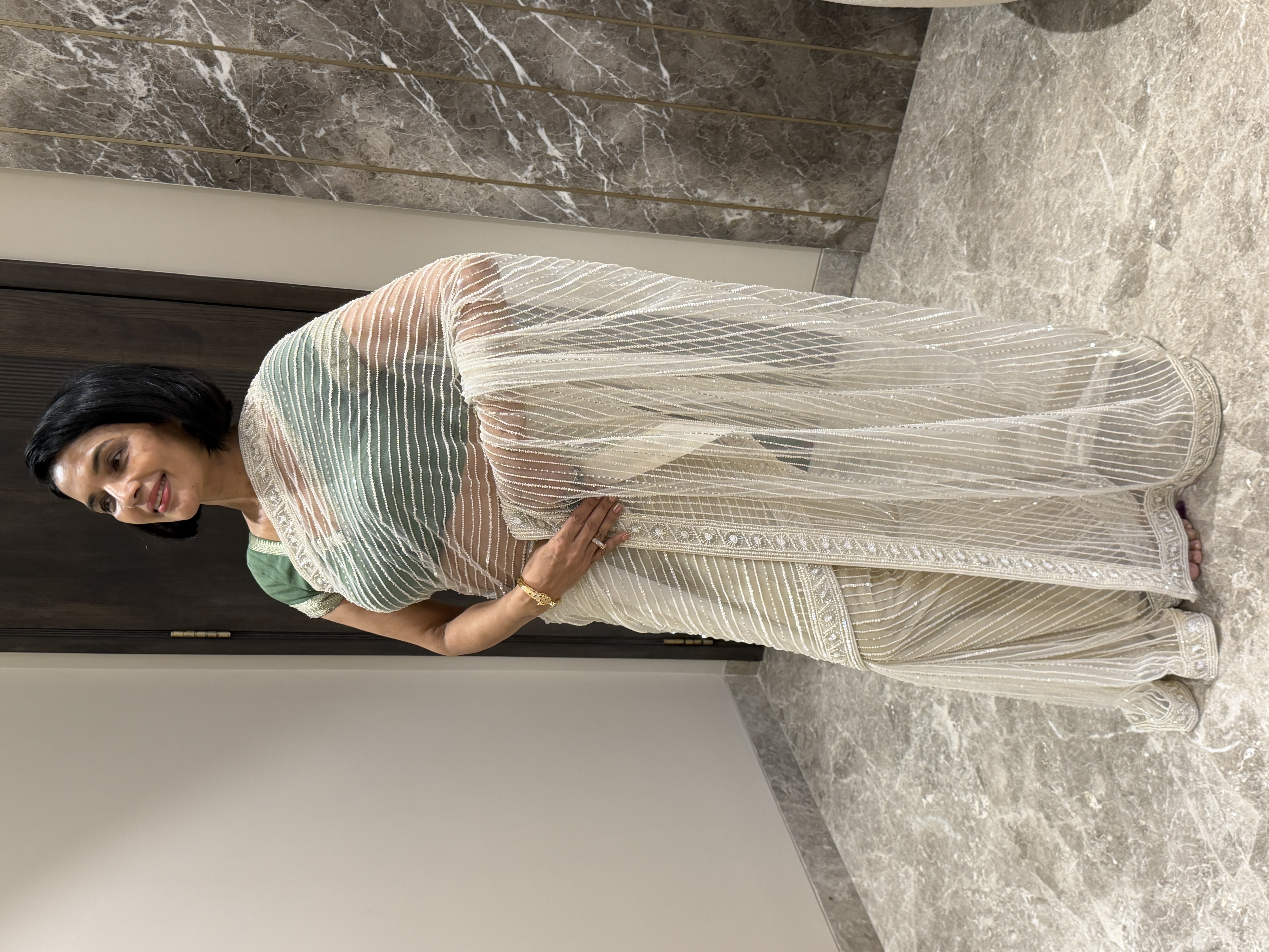 Hand Embroidered White Net Saree — Embroidered, Net, India