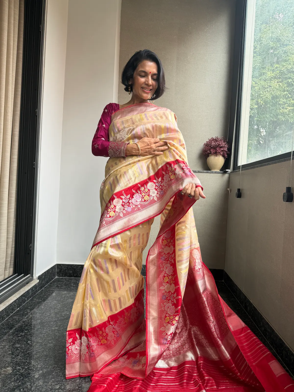 Nafees Ivory Rangkaat Kora Silk Kaduwa Banarasi Saree, view 4338