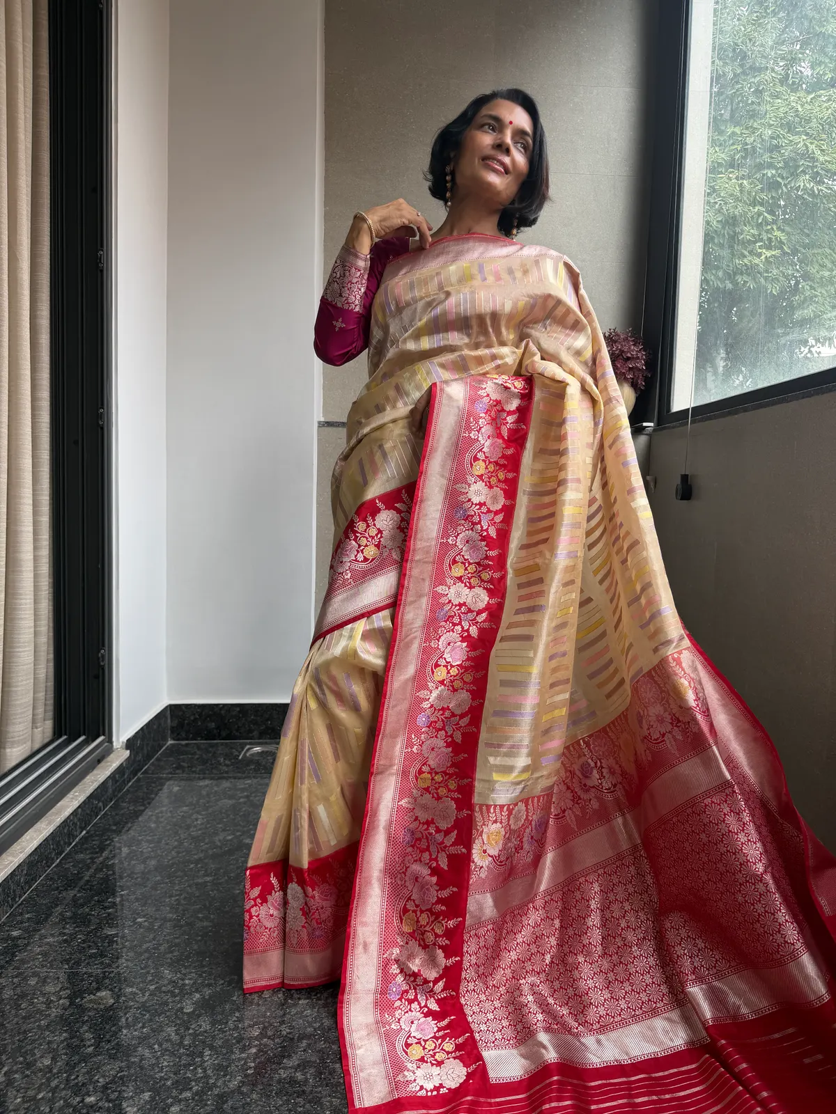 Nafees Ivory Rangkaat Kora Silk Kaduwa Banarasi Saree, view 4339