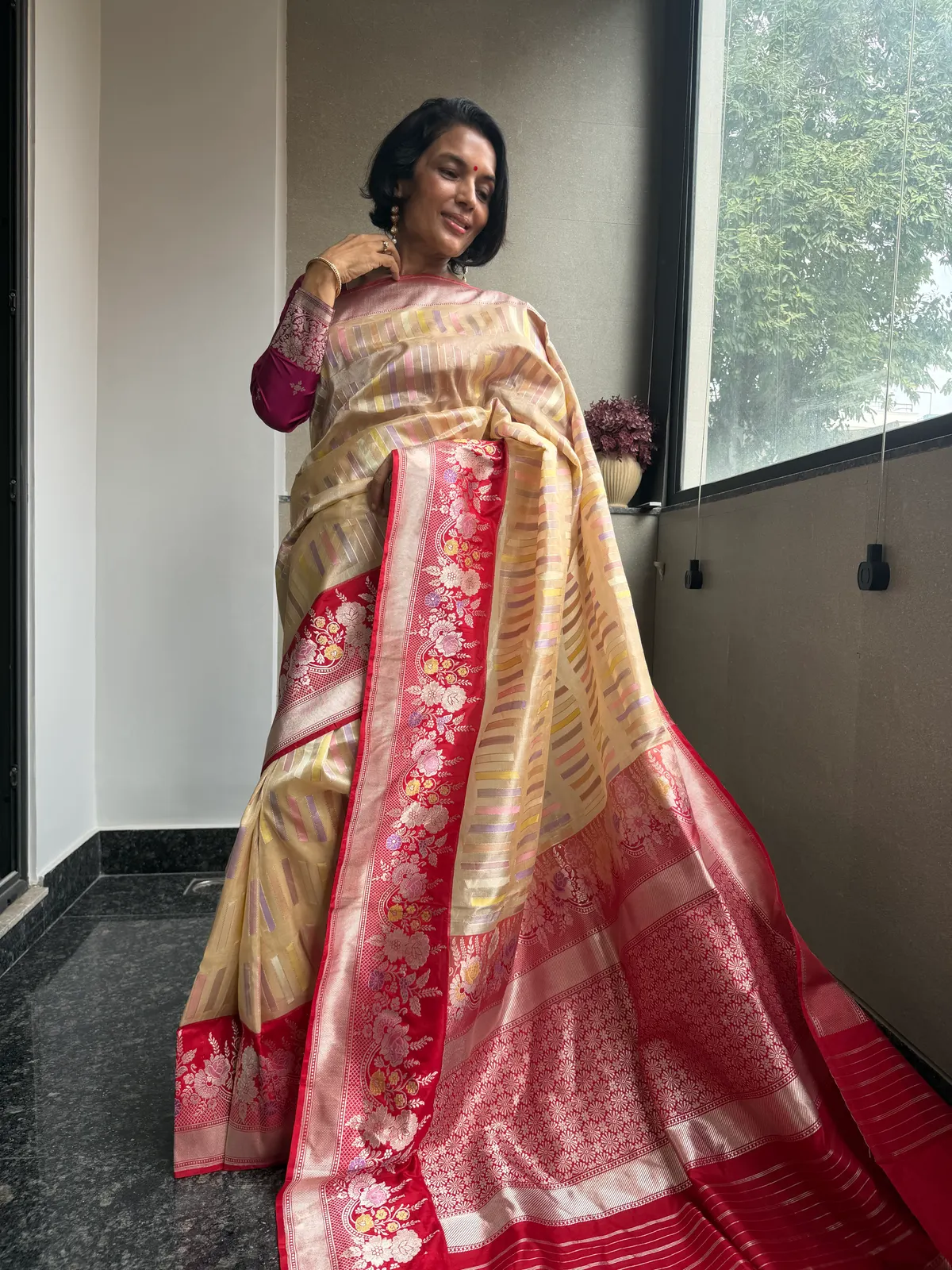 Nafees Ivory Rangkaat Kora Silk Kaduwa Banarasi Saree, view 4340