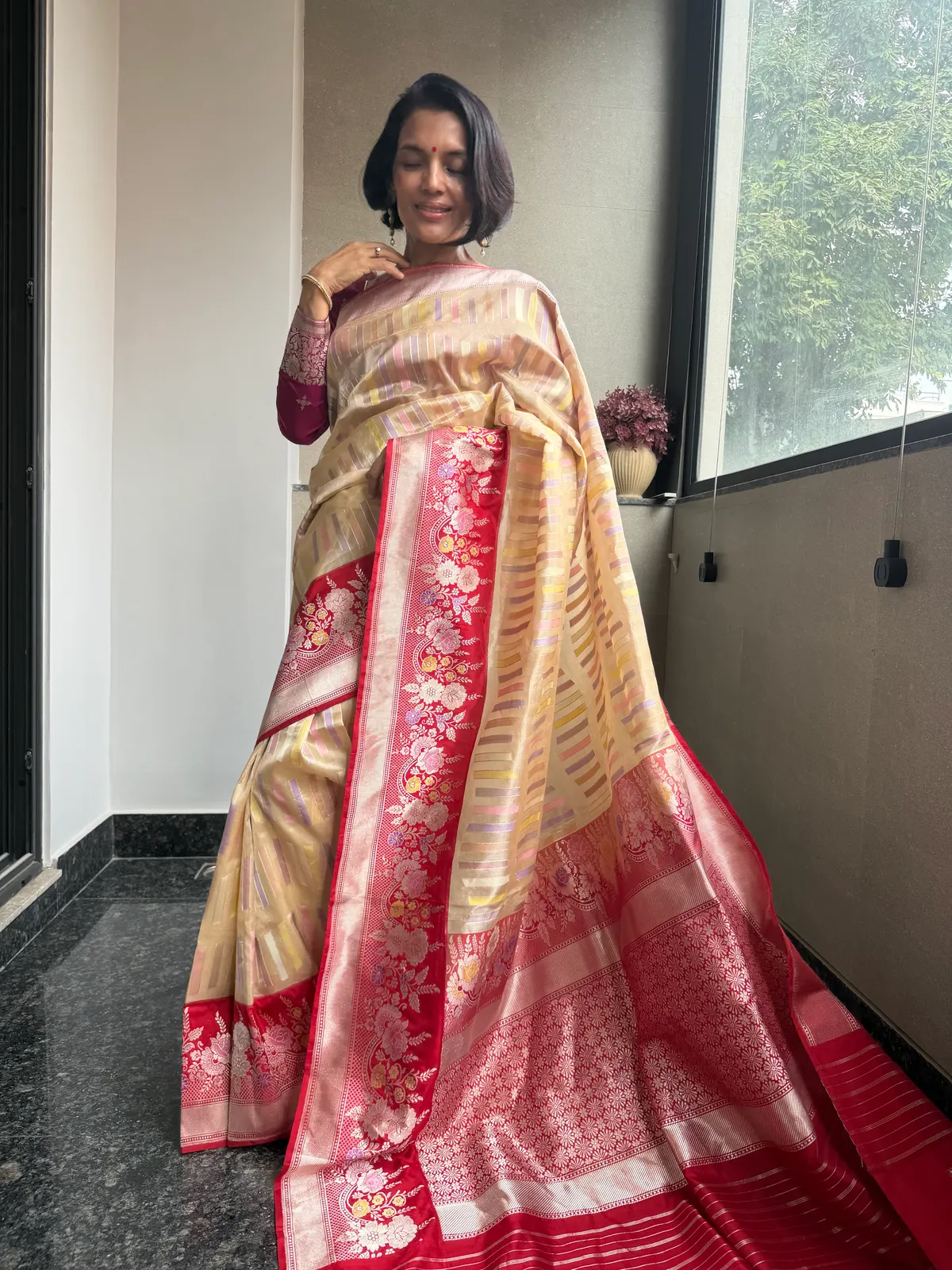 Nafees Ivory Rangkaat Kora Silk Kaduwa Banarasi Saree, view 4341