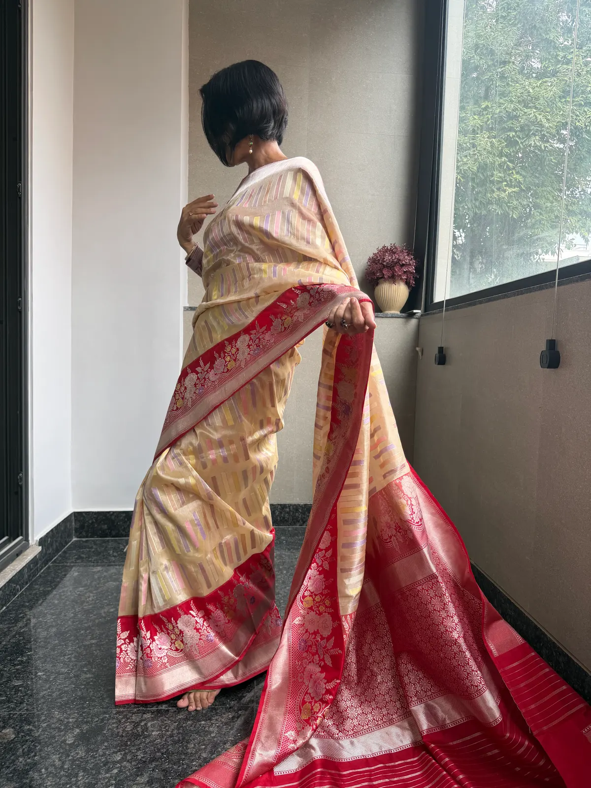 Nafees Ivory Rangkaat Kora Silk Kaduwa Banarasi Saree, view 4342