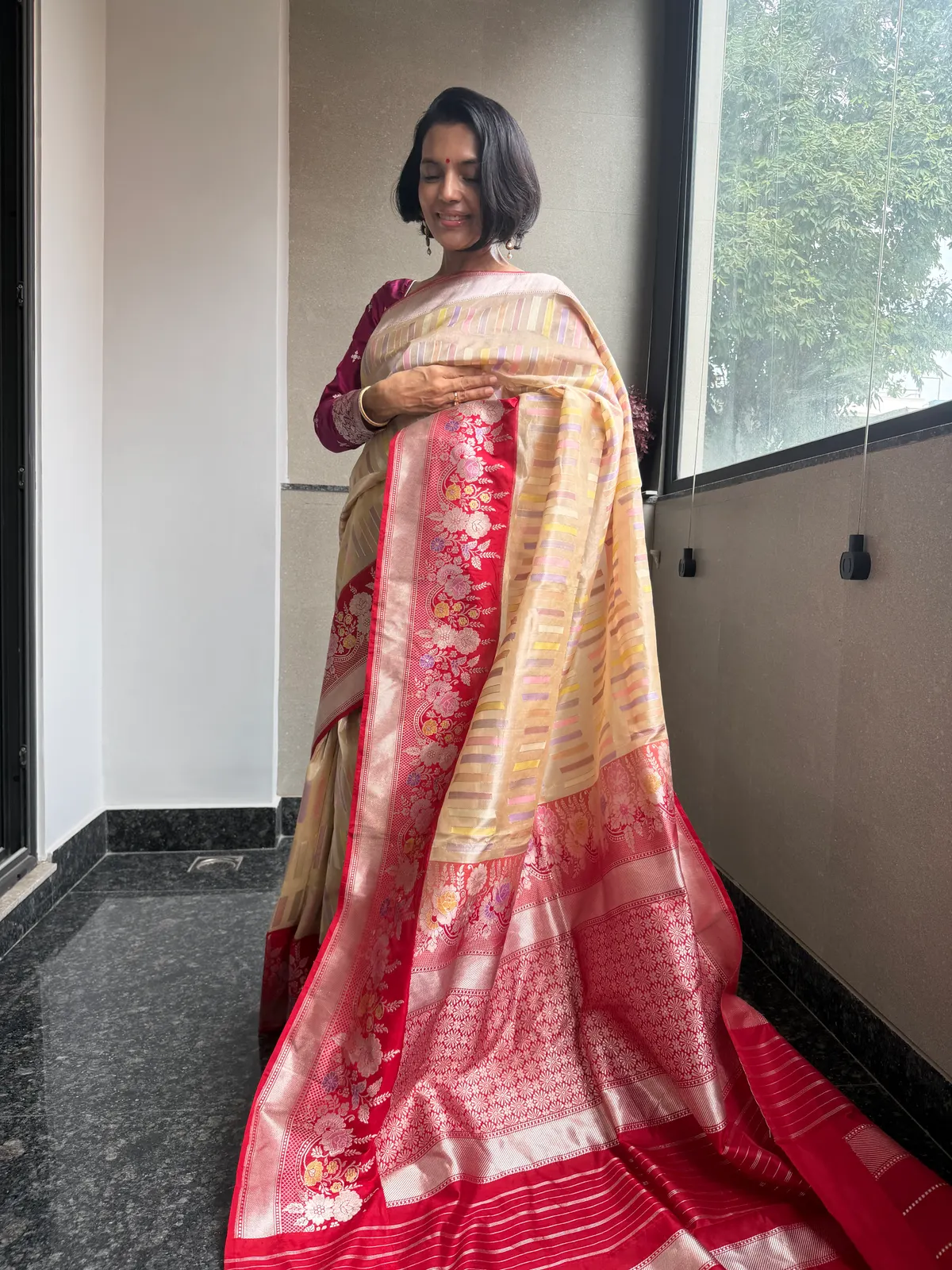 Nafees Ivory Rangkaat Kora Silk Kaduwa Banarasi Saree, view 4343