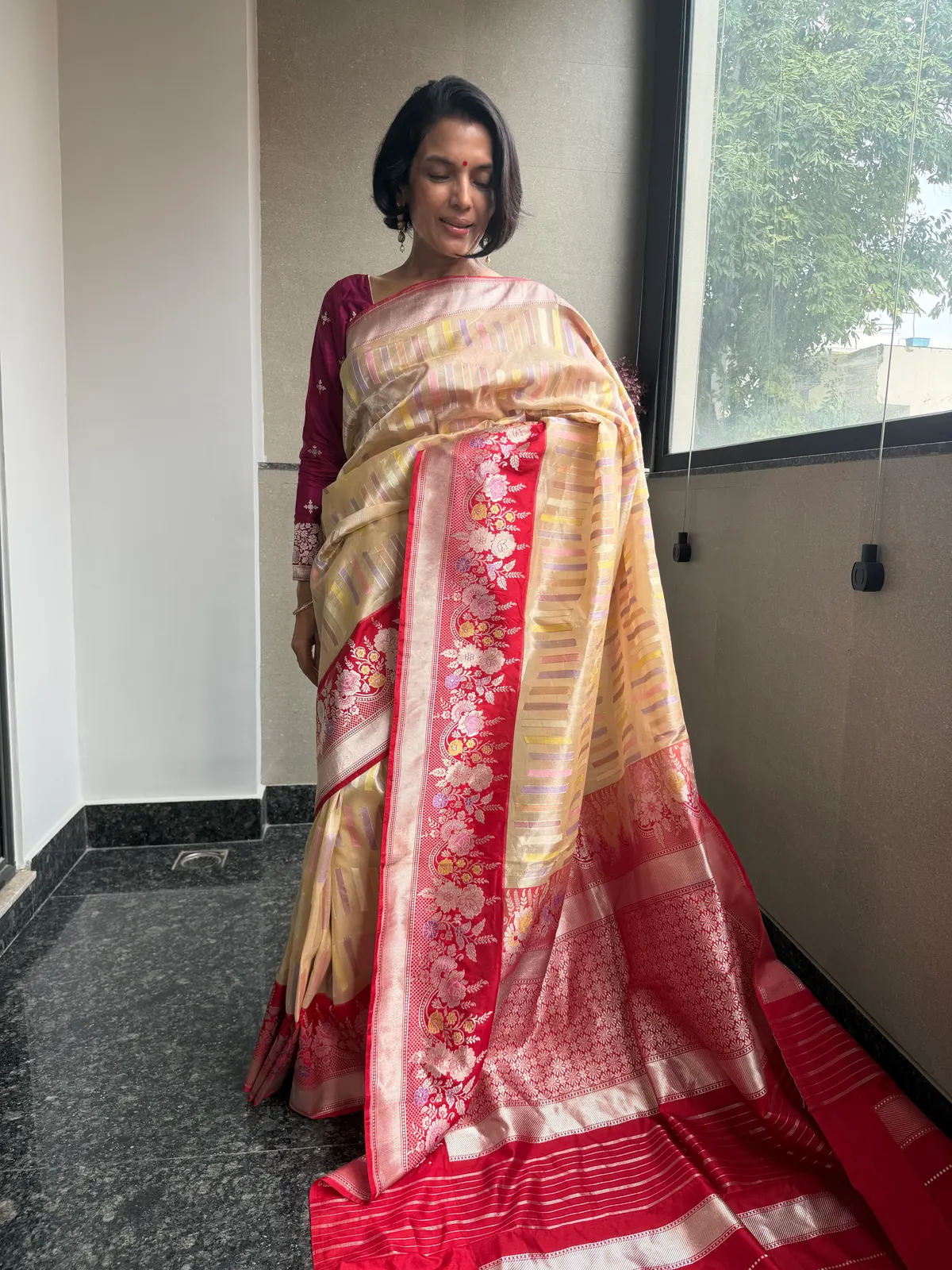 Nafees Ivory Rangkaat Kora Silk Kaduwa Banarasi Saree, view 4344